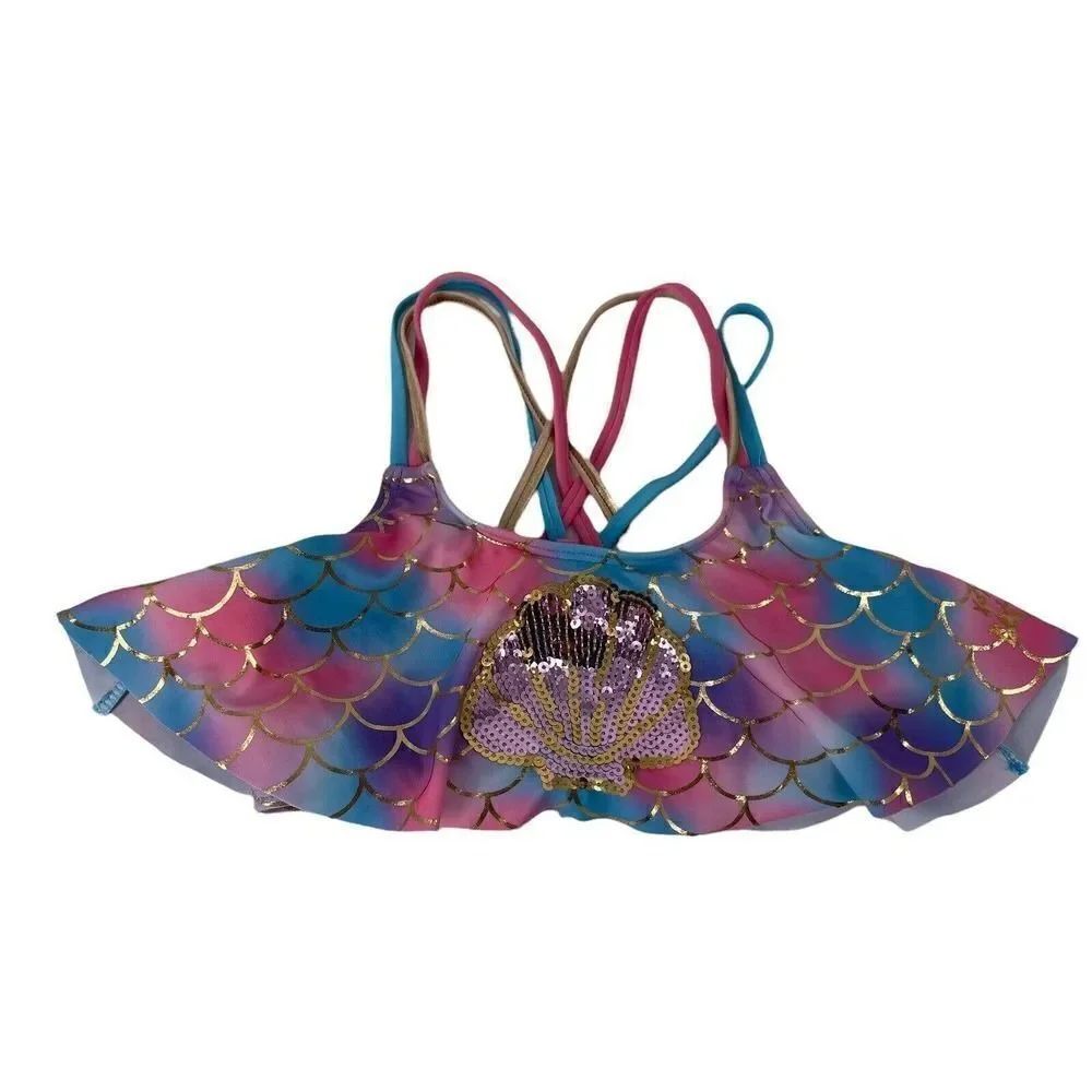 Betsey Johnson Bikini Top Mermaid Girls Size Small 7/8 Sequin Shell Ruffle Swim